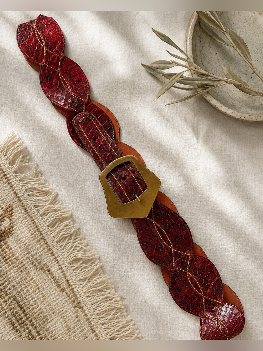 Vintage Red Snakeskin Leather Statement Belt Brass Buckle 27–29
